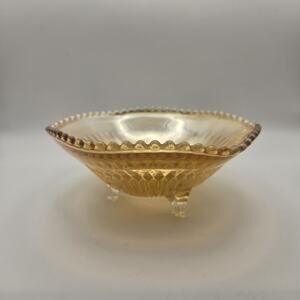 Vtg Carnival Glass Candy Dish Amber Three Footed Beaded Rim Diamond Pointed Ribs